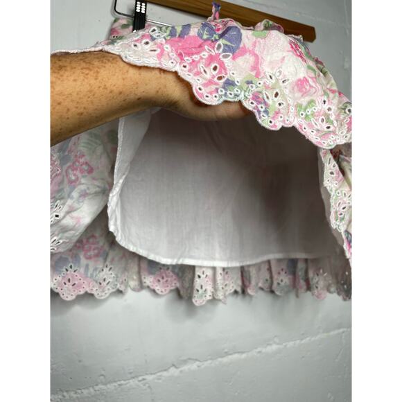 LoveShackFancy White Cream Ruffled Skater Mini Skirt Size 0 Pink Floral - Picture 3 of 7